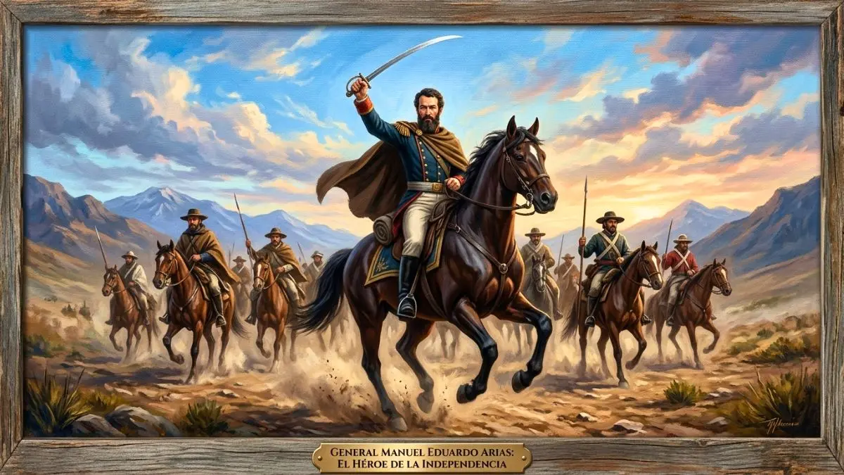 Pintura al óleo del General Manuel Eduardo Arias liderando a caballo una carga de gauchos jujeños con guardamontes en la Quebrada.
