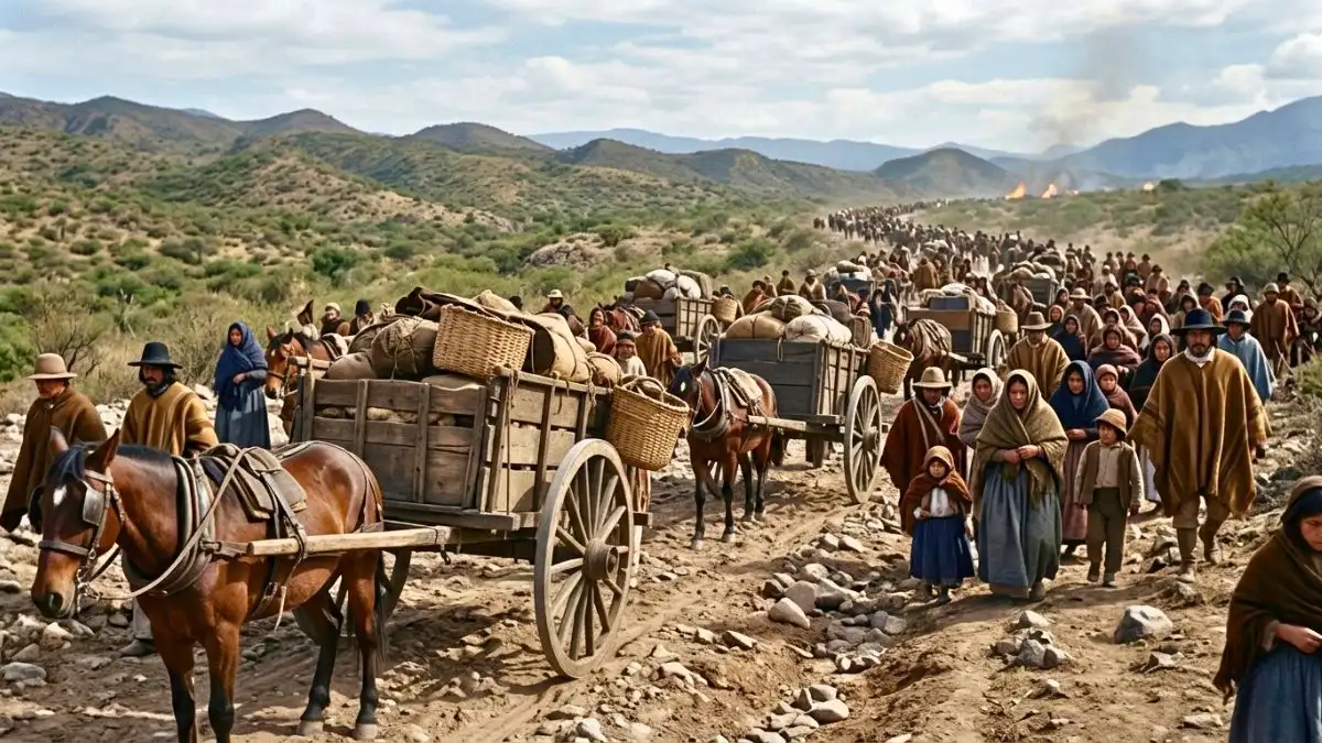 Recreación del Éxodo Jujeño de 1812 con carruajes de época, familias marchando y chozas ardiendo al fondo en el paisaje andino.